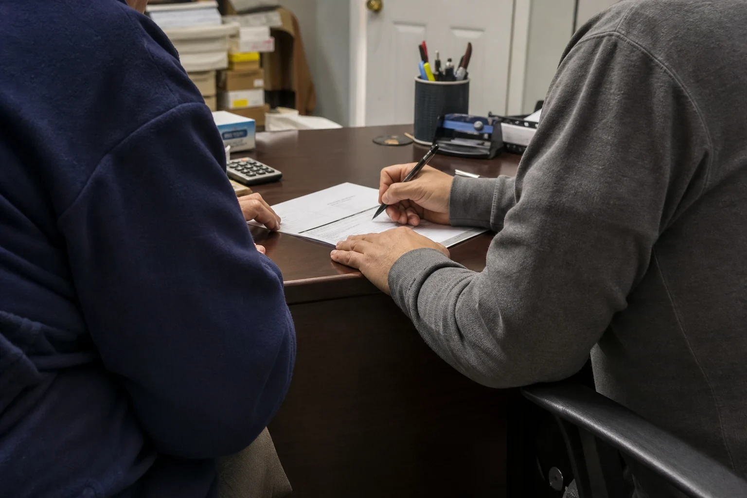 Two people at a dark wood office desk, one in a gray sweater filling out a short form with a pen while the other in a navy fleece looks on, boxes stacked behind